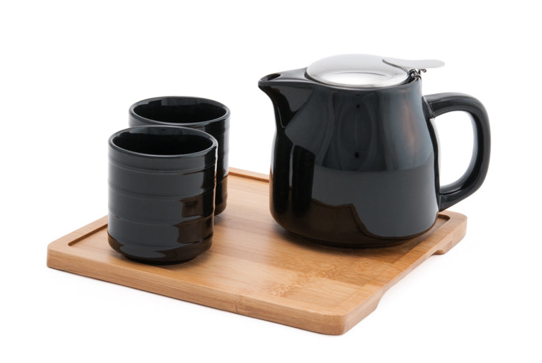 Ceramic Tea Set with Strainer and Bamboo Tray
