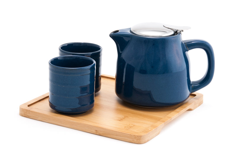 Ceramic Tea Set with Strainer and Bamboo Tray