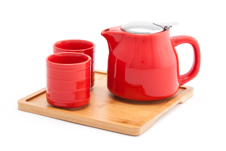 Ceramic Tea Set with Strainer and Bamboo Tray